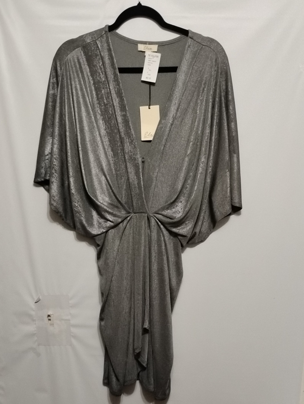 ELAN Dolman Silver Metallic Draped‎ V-Neck Draped Knot Front Cocktal Dress